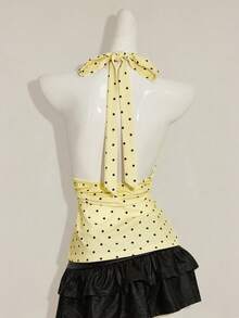 SHEIN ICON Áo nữ chấm bi xếp ly cổ yếm buộc dây, kiểu dáng thời trang, đa năng, thích hợp mặc thường ngày. - Màu vàng - Xem 2