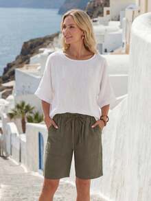 EMERY ROSE Bermuda shorts de lino y shorts básicos de lino de unicolor sueltos de longitud hasta la rodilla con bolsillos laterales de estilo fashion y cintura alta - Verde militar - Ver 3