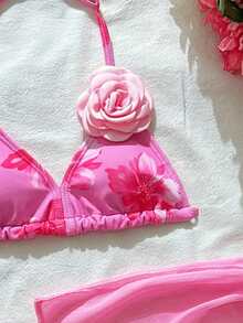 3件套女童粉色花卉3D蝴蝶装饰针织网纱泳衣套装，适合海滩、泳池、冲浪、度假、夏季旅行。粉色泳衣3件套儿童花朵女童泳衣套装，女童沙滩套装，比基尼套装配纱笼裙，女童泳衣套装，少女泳衣套装，女童泳衣套装，粉色比基尼套装，3件套少女泳衣套装，2件套粉色花卉女童泳衣，花卉印花女童泳衣，女童沙滩套装，粉色泳衣配罩衫，女童夏季套装，女童泳装。 - 彩色 - 查看 3