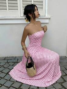 Vestido bandeau con cintura ceñida y estampado de lunares, estilo vacacional - Iron Gray - Ver 3