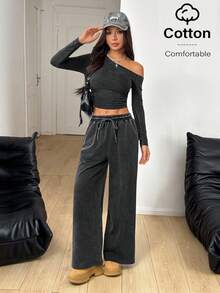 SHEIN PETITE Bộ đồ thể thao hai mảnh dành cho nữ, chất liệu co giãn, thoải mái, cổ lệch, tay dài, gồm áo dệt kim và quần ống rộng, thích hợp mặc hàng ngày. - màu đen - Xem 2