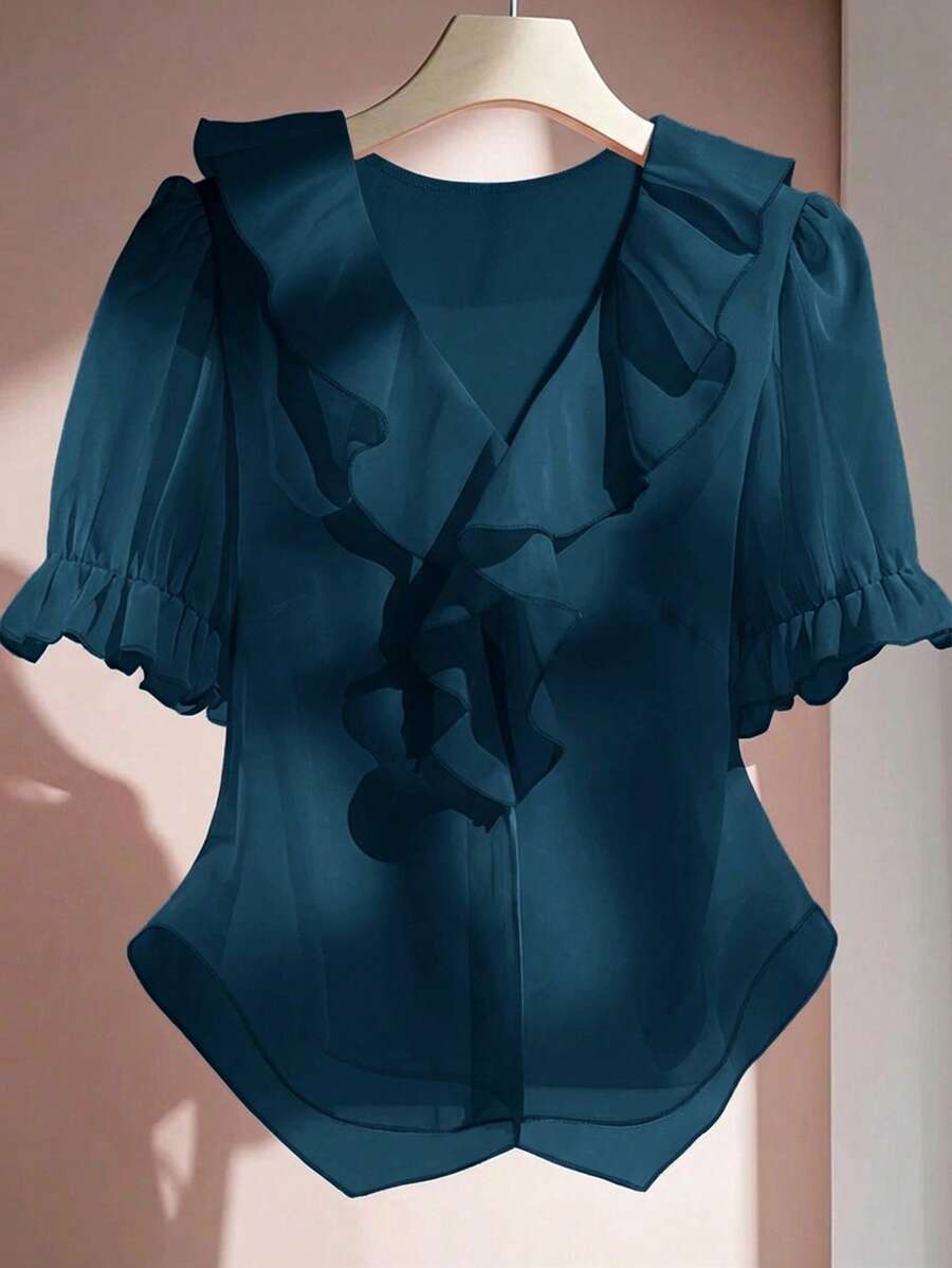SHEIN Clasi 大码女式纯色荷叶边领短花瓣袖时尚衬衫 - 水鴨藍 - 查看 1