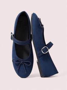 CUCCOO DOLLMOD 女士海军蓝圆头蝴蝶结装饰搭扣平底玛丽珍鞋，天鹅绒材质，适合日常通勤、生日派对、休闲穿着，春季鞋款 - 藏蓝色 - 查看 2