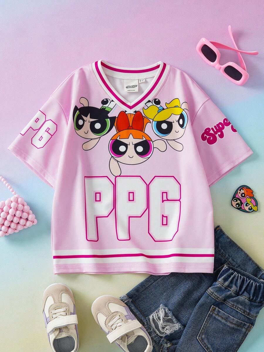 THE POWERPUFF GIRLS X SHEIN 1件装 女童可爱休闲卡通印花V领短袖舒适运动T恤 - 粉色 - 查看 1