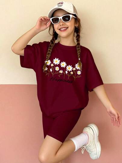 Burgundy, Simple Elegant Floral Print, Tween Girl Casual Comfortable Soft Round Neck Loose Short Sleeve T-Shirt And Fitted Bike Shorts 2-Piece Set, Suitable For Daily Wear, Street Style, Outings, Home, Vacation, Picnic, Farm, Homecoming, Spring & Summer