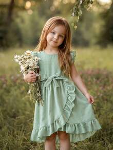 SHEIN Playful Pals 女童舒适休闲荷叶边雪纺连衣裙，配有腰带，适合夏季外出、拍照、日常穿着和上学穿着。 - 淺綠色 - 查看 4