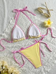 Swim Mod Bộ bikini hai mảnh nữ màu hồng kẻ caro dễ thương, phối vàng trắng, kiểu áo yếm và bikini tam giác buộc dây bên hông, thích hợp cho kỳ nghỉ hè ở bãi biển. - Nhiều màu - Xem 7