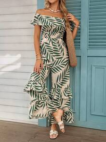 Louniche Women's Casual Off-Shoulder Leaf Print Jumpsuit, Loose Waist Wide Leg Pants, Suitable For Vacation, Beach, Minimalist Sleeveless Long Jumpsuit - Green - View 5