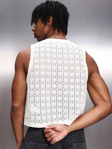 PLAYBOY X SUMWON White Crochet Knit Sleeveless Tank Top Regular Fit Crew Neck Summer Casual Holiday Shop Textured Men's Vest - White - View 2