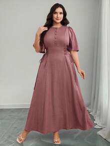 SHEIN CURVE+ 大码女式圆领泡泡袖春夏单排扣纹理面料侧系带连衣裙，优雅长裙 - 藕粉色 - 查看 5