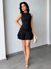 Vassilux Women Solid Color Sleeveless Ruched Mini Slip Dress, Layered,Party Dress - Black - View 1