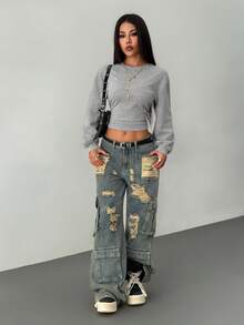 SHEIN PETITE Áo nỉ dài tay cổ lệch bất đối xứng xếp ly, màu trơn, dành cho mùa Thu/Hè và mùa Hè trở lại trường của Omen;S. - Xám - Xem 6