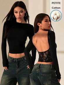 SHEIN PETITE 小码休闲简约百搭黑色性感露背蕾丝纯棉长袖T恤，适合春夏穿着 - 黑色 - 查看 1
