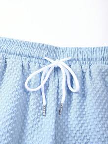 Manfinity Swimmode 加大码男士纯色短袖单排扣衬衫和短裤休闲沙滩套装，男士短款度假套装，加大码男士沙滩装，假日 - 藍色 - 查看 7