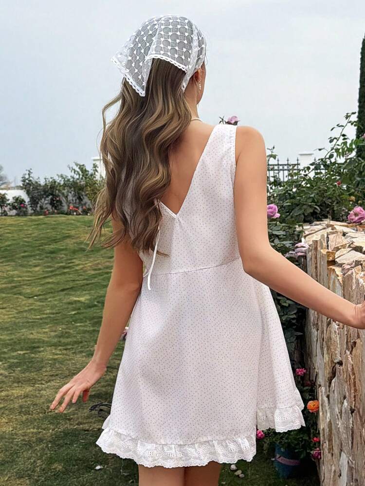 Summer Polka Dot Print Sleeveless Tie Neck Loose Short Women Nightgown