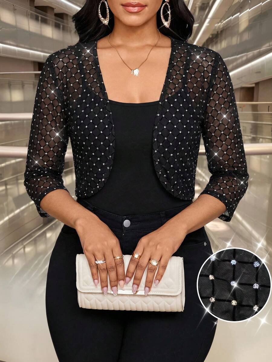 SHEIN Lady Women's Rhinestone Mesh Open Front 3/4 Sleeve Cropped Lightweight Jacket Summer Clothes Summer Outfits Summer Summer Clothes Spring Break Outfits Spring - Black - View 1