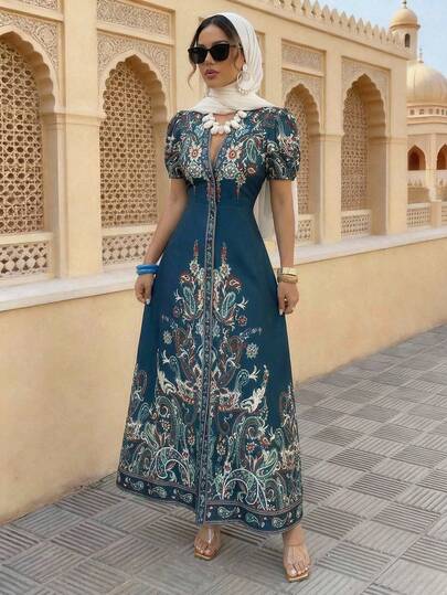 Elenzga 女式 2025 新款优雅性感深 V 领紧身长裙（印花）