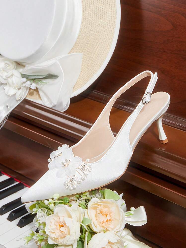 CUCCOO HITCHD Women Shoes Spring And Summer New Women's High-Heeled Shoes Pointed Thin Heel Middle Heel Slingback Buckle Fairy Style Satin Pearl Flower Rhinestone Decoration Elegant Wedding Banquet Dating Shoes