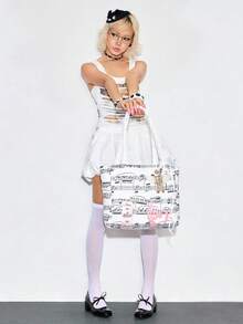 ROMWE Kawaii Bolso de hombro portátil de gran capacidad con gráfico de figura para mujeres - Partituras blancas - Ver 7