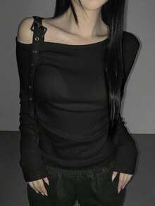 DAZY Women's Sexy Asymmetrical Shoulder Long Sleeve T-Shirt, Versatile Slim Fit Buckle Decor Tee - Black - View 2