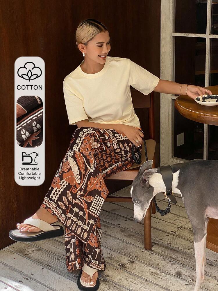 Summer Vacation Style Minimalist T-Shirt Top & Retro Print Wide Leg Pajama Pants Women Sleepwear Set