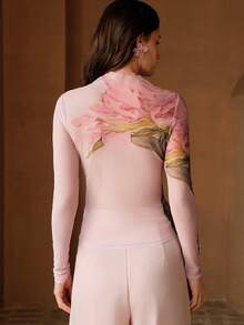 Anewsta 春夏新款优雅时尚休闲约会新年派对弹力修身粉色长袖网纱圆领针织上衣 - 粉色 - 查看 7