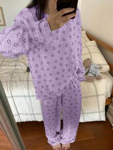 DAZY 2pcs/Set Cute Bear Polka Dot Loose Long Sleeve T-Shirt And Long Pants Pajama Set, Spring Women - Mauve Purple - View 4