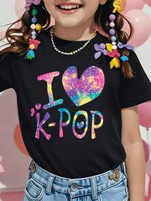 Áo thun ngắn tay màu đen in hình "I Love KPOP" phong cách thường ngày dành cho nữ, thích hợp cho mùa xuân/hè. - màu đen - Xem 1