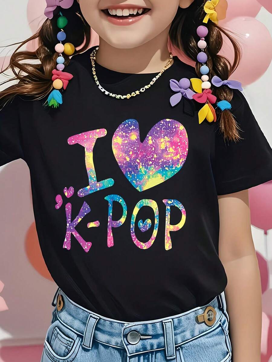 Áo thun ngắn tay màu đen in hình "I Love KPOP" phong cách thường ngày dành cho nữ, thích hợp cho mùa xuân/hè. - màu đen - Xem 1