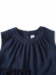 SHEIN 少女纯色荷叶边圆领上衣搭配阔腿裤，休闲日常穿搭 - 藏蓝色 - 查看 5