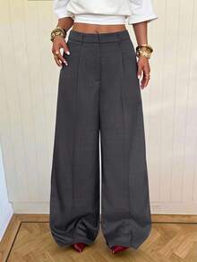 SHEIN EZwear Quần tây ống rộng màu xanh than dành cho nữ, chất liệu dệt kim. - Xám - Xem 3