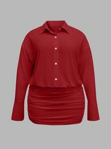 Cévolie Plus Size Women's Solid Color Button Pleated Fashion Date Party Mini Dress - Red - View 3