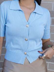 Melissa Matos 全新夏季韩版休闲通勤百搭女士 Polo 衫针织上衣 - 藍色 - 查看 6