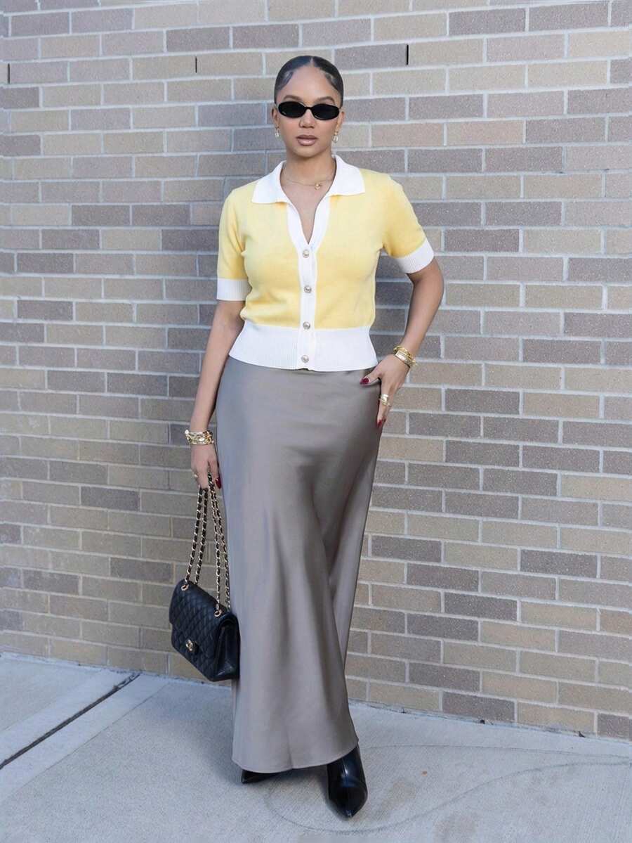Melissa Matos 全新夏季柔软韩版休闲办公室百搭女士马球领针织上衣 - 鵝黃色 - 查看 1