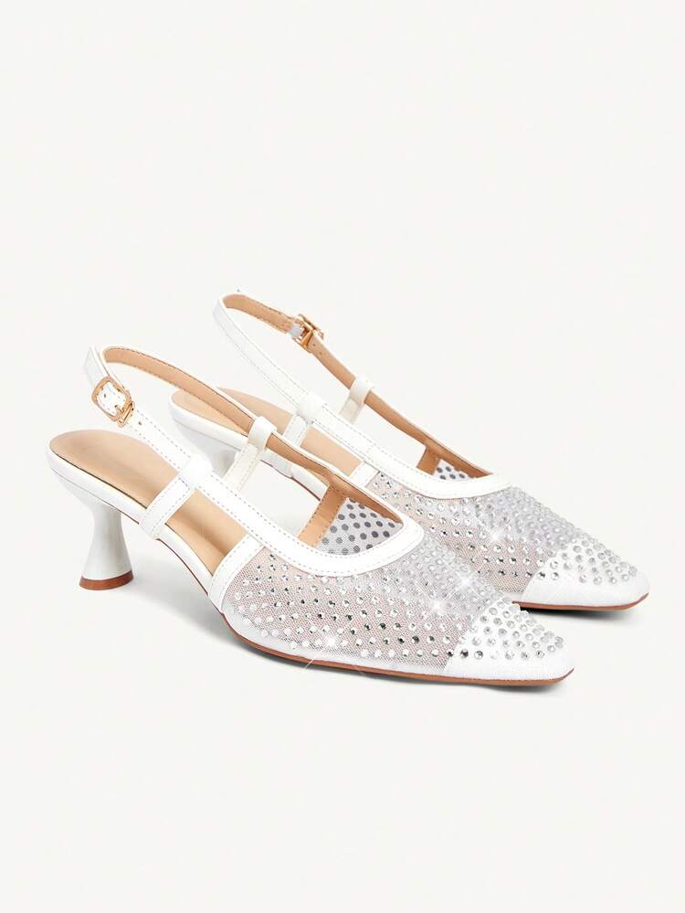 CUCCOO CHICEST 2026 New Square Toe Mid-Heel Mesh & Rhinestone Elegant Party Ankle Strap Pumps For Women Wedding Shoes Spring Shoes Bride Shoes