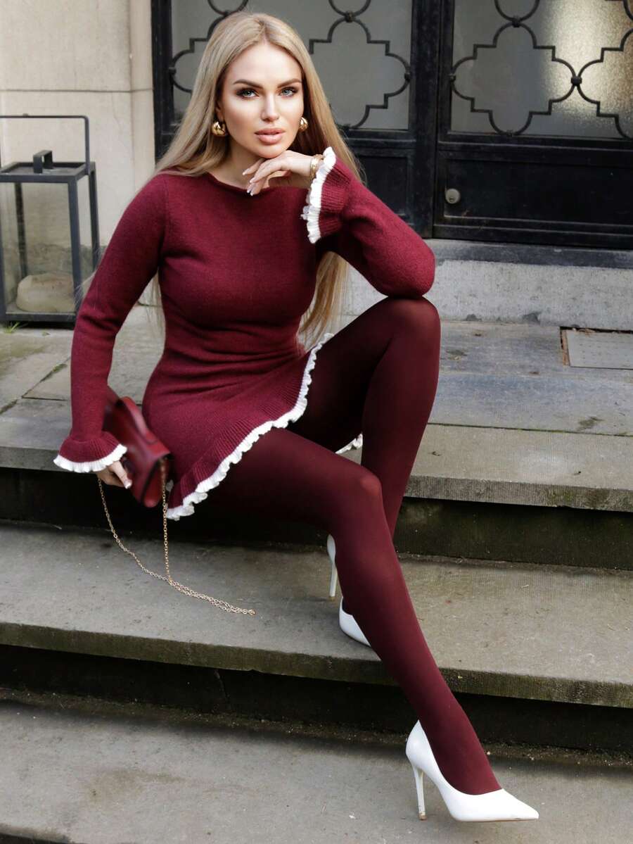 Elenary Edit 时尚荷叶边下摆女士毛衣连衣裙，适合约会和度假穿着 - 酒紅色 - 查看 1