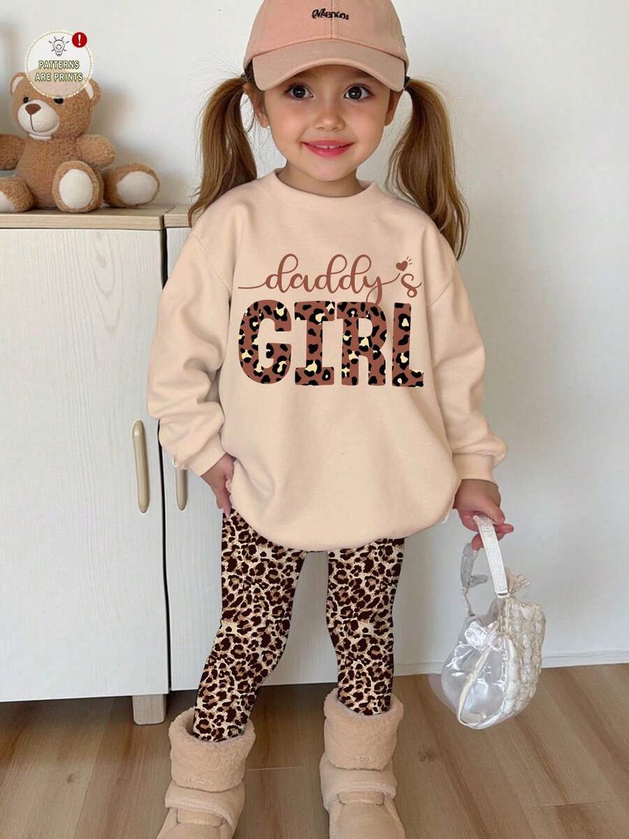 SHEIN 2 件套休闲复古豹纹印花“Daddy's Girl”英文图案淡紫色圆领长袖卫衣和紧身裤套装,适合秋冬季 - 彩色 - 查看 1