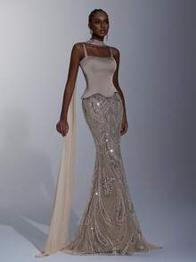 Elitara Petite Petite Elegant Luxurious Beaded Sequin Floral Mermaid Hem Dress Elastic Satin For Evening - Khaki - View 3