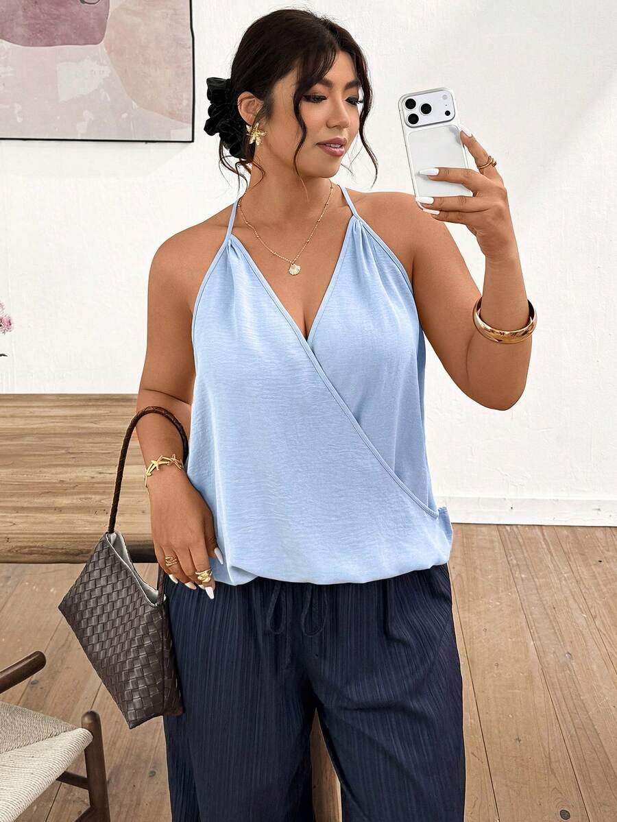 Lounesse 大码女式交叉设计蓝色休闲衬衫 - 藍色 - 查看 1