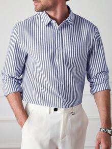 Core Aspect Cămașă bărbătească cu dungi, casual, business, mânecă lungă, cămașă cu guler albastru, cămașă de costum formal, cămașă albă bărbătească, versatilă pentru purtare zilnică, cămașă bărbătească albastră și albă, cămașă business casual de vară, cămașă cu dungi bărbătească, smart casual, cămașă bărbătească din amestec de in, cu dungi albastre și albe, cămașă casual cu dungi, top vintage slim fit pentru ieșiri zilnice/ Cămașă bărbătească cu dungi albastre și albe, ținută streetwear supradimensionată cu mânecă lungă pentru escapade de weekend - Albastru - Vizualizare 4