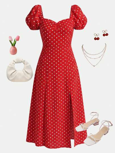 SHEIN Girlism 少女红色波点印花优雅甜美复古法式乡村泡泡袖开衩中长连衣裙