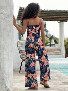 SHEIN Conjunto de camiseta y pantalones de estampado tropical informal de vacaciones para niña preadolescente - Azul Marino - Ver 2