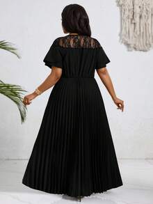 Villa Velisse Plus Size Women's Elegant Lace Patchwork Pleated Black Dress, Suitable For Daily Wear, Gatherings, Afternoon Tea, Graceful And Slimming, Black Style, Charming Urban Lady, Office Wear - Black - View 2