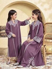 SHEIN 青少年女孩印花寬鬆A字版型3/4袖開衩下擺長袍Abaya，阿拉伯風穆斯林女孩洋裝 - 淺灰紫 - 查看 7