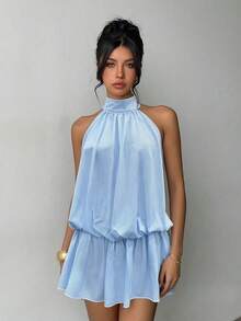 Elenzga Đầm ngắn không tay xếp ly cài nút dành cho nữ, trang phục thường ngày, đi nghỉ mát, đi biển, lãng mạn, màu xanh trắng, hàng mới mùa hè. - Xanh và trắng - Xem 4