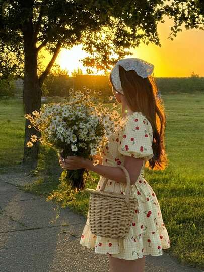 SHEIN MOD Women's Fashion Plaid Cherry Print Cinched Waist Short Dress, ,Elegant Romantic Vintage, Spring /Summer Outfits Women, Romantic, Elegant, Vacation Party, Ceremony, Beach Vacation Outfits, Graduation Dress For Women, Yellow Dress, Cherry Dress, Puff Sleeve Dress, Cottagecore Dress, Going Out, Holiday Outfits, Fruit Dress, Picnic Dress