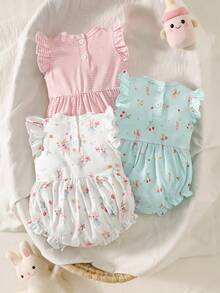 SHEIN 3pcs Newborn Baby Girl Sleeveless Romper Set | Soft White / Light Blue / Pink Striped, Fabric, Ruffle Trim, Rabbit & Strawberry Floral Decor, Cute & Sweet Style, Suitable For Newborn, Festivals, Parties, Outings, Photo Shoots Baby Clothes Baby Girl Clothing Ootd For Baby Girl 0 To 12months Baby Girl Outfit Baby Romper Rompers For Baby Girl Babies Clothes Baby Girl Outfits - Multicolor - View 2