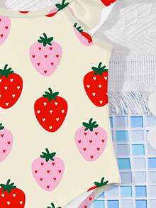 SHEIN Cute Summer Strawberry Print, Vacation Beach, #Coconutgirl, Baby Girls Casual Slim-Fit Bodysuit Swimsuit Suitable For Summer, Princess Chic, Little Stars, Baby Girl Swimwear, Vacay Romance Fruit Print Swimsuit For Girls Strawberry Swimsuit For Toddler Girls Baby Strawberry Swimsuit Girls Strawberry Swimsuit Baby Fruit Swimsuit - Multicolor - View 4