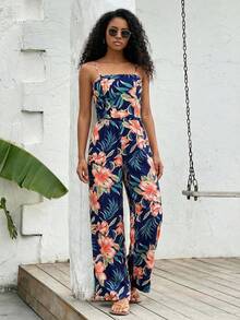 SHEIN Conjunto de camiseta y pantalones de estampado tropical informal de vacaciones para niña preadolescente - Azul Marino - Ver 6