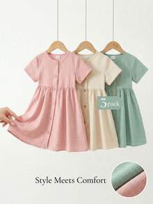 SHEIN Playful Pals 3件組女嬰可愛鈕扣前襟修身傘裙夏季休閒洋裝，粉色與綠色畢業風太陽裙套裝，適合女嬰、大童度假穿著 - 彩色 - 查看 1